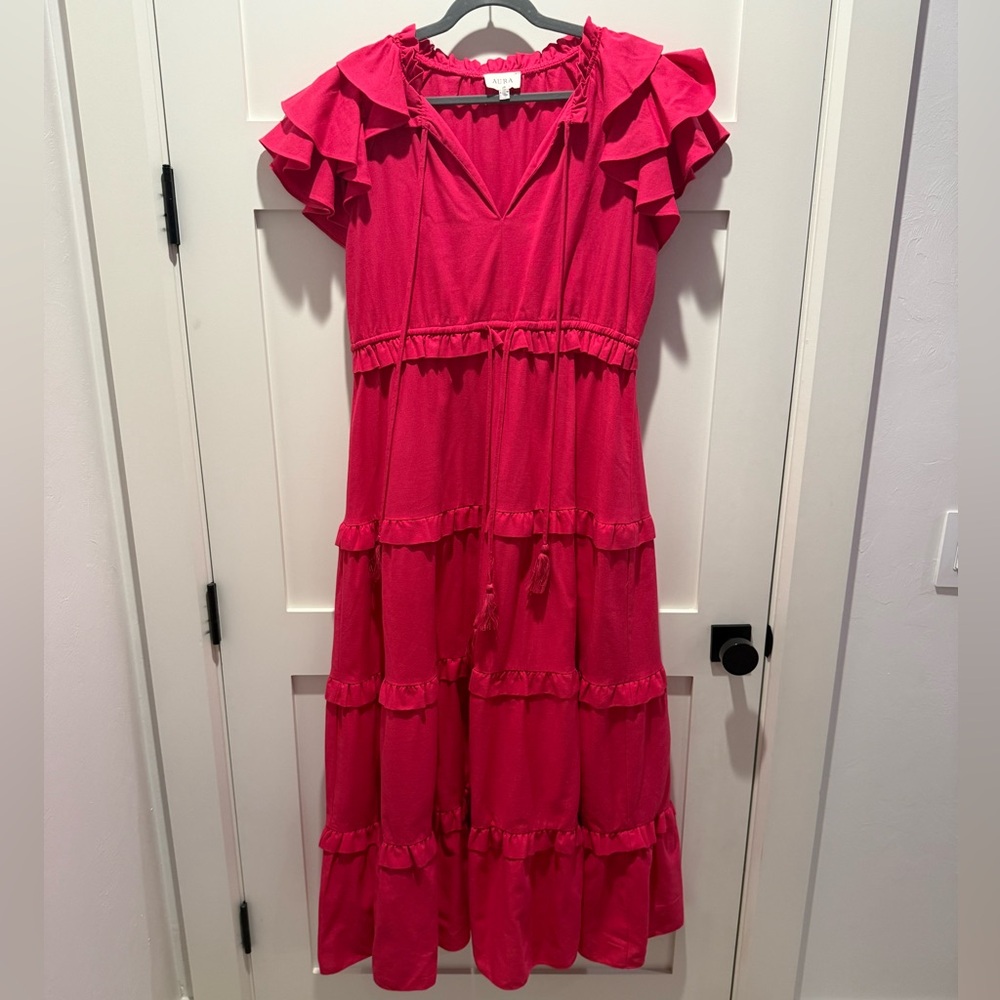 Red Dress RUFFLE SOME FEATHERS LIPSTICK PINK MAXI DRESS